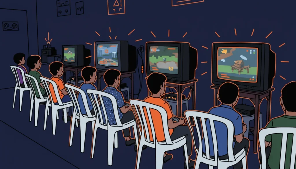 Crianças jogando em TVs de tubo em uma locadora de videogame clássica no Brasil nos anos 90 e 2000.