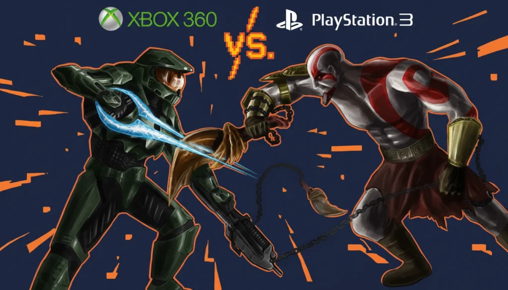 Master Chief e Kratos representando a guerra dos consoles na geração HD (Xbox 360, PlayStation 3 e Nintendo Wii)